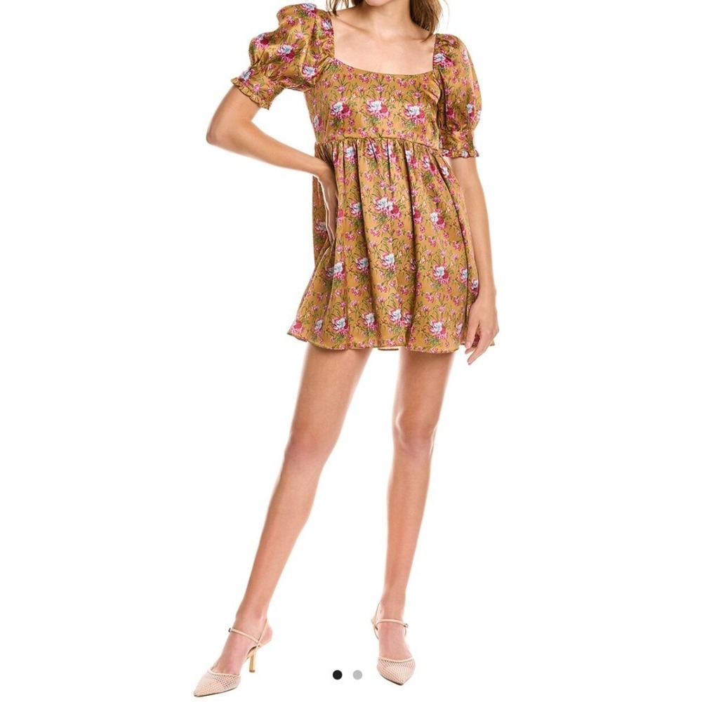 LOVE SHACK FANCY Bennington Floral Babydoll Mini Dress Gold Multi Size 6 NEW